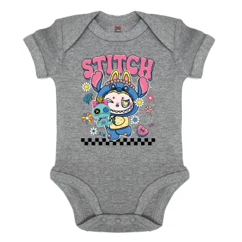 Labubu Stitch, Βρεφικό φορμάκι μωρού, 0-18 μηνών, ΓΚΡΙ ΜΕΛΑΝΖΕ, 100% Organic Cotton, κοντομάνικο