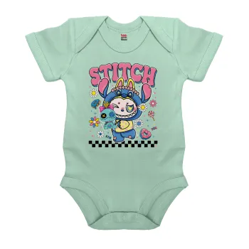 Labubu Stitch, Βρεφικό φορμάκι μωρού, 0-18 μηνών, mint (Μέντα), 100% Organic Cotton, κοντομάνικο