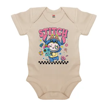 Labubu Stitch, Βρεφικό φορμάκι μωρού, 0-18 μηνών, Natural (Εκρού), 100% Organic Cotton, κοντομάνικο