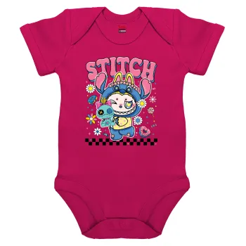 Labubu Stitch, Βρεφικό φορμάκι μωρού, 0-18 μηνών, ΡΟΖ, 100% Organic Cotton, κοντομάνικο