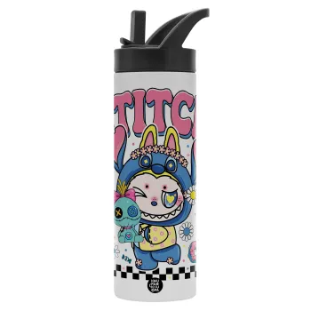 Labubu Stitch, Metallic thermos bottle with straw & handle, stainless steel (Stainless steel 304), double-walled, 600ml.