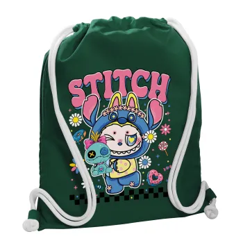 Labubu Stitch, Τσάντα πλάτης πουγκί GYMBAG BOTTLE GREEN, με τσέπη (40x48cm) & χονδρά λευκά κορδόνια