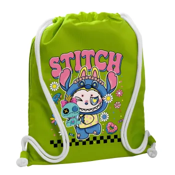 Labubu Stitch, Τσάντα πλάτης πουγκί GYMBAG LIME GREEN, με τσέπη (40x48cm) & χονδρά κορδόνια