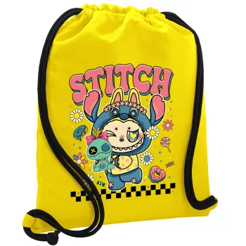 Labubu Stitch, Τσάντα πλάτης πουγκί GYMBAG Κίτρινη, με τσέπη (40x48cm) & χονδρά κορδόνια