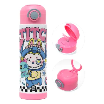 Labubu Stitch, Παιδικό παγούρι θερμό, ανοξείδωτο, με καλαμάκι ασφαλείας, ΡΟΖ (500ml)