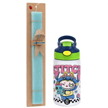 Labubu Stitch, Easter Set, Children's thermal stainless steel bottle with safety straw, green/blue (350ml) & aromatic flat Easter candle (30cm) (TURQUOISE)