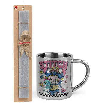 Labubu Stitch, Πασχαλινή Λαμπάδα με μεταλλική κούπα θερμό (300ml) & κερί αρωματικό πλακέ (30cm) (ΓΚΡΙ)