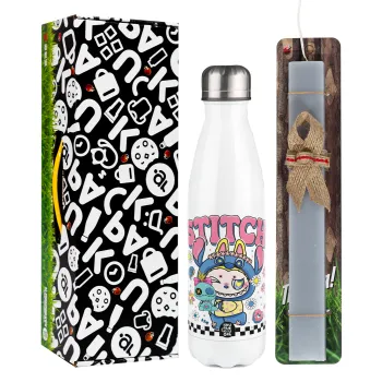 Labubu Stitch, Easter candle, metallic white thermos bottle (500ml) & aromatic flat candle (30cm) (GRAY)