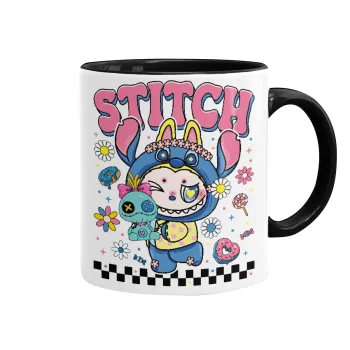 Labubu Stitch, Κούπα χρωματιστή μαύρη, κεραμική, 330ml