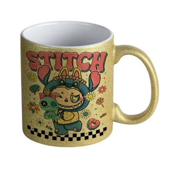 Labubu Stitch, Κούπα Χρυσή Glitter που γυαλίζει, κεραμική, 330ml