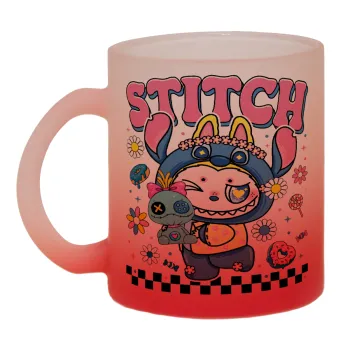 Labubu Stitch, Κούπα γυάλινη δίχρωμη με βάση το κόκκινο ματ, 330ml