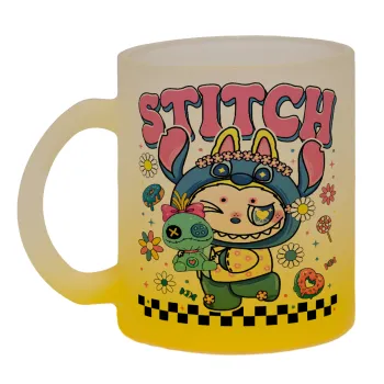 Labubu Stitch, Κούπα γυάλινη δίχρωμη με βάση το κίτρινο ματ, 330ml