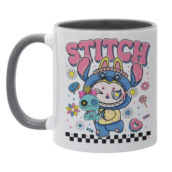 Labubu Stitch, Mug colored grey, ceramic, 330ml