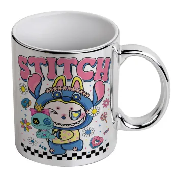 Labubu Stitch, Κούπα κεραμική, ασημένια καθρέπτης, 330ml