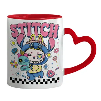 Labubu Stitch, Mug heart red handle, ceramic, 330ml