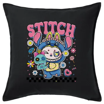 Labubu Stitch, Μαξιλάρι καναπέ Μαύρο 100% βαμβάκι, περιέχεται το γέμισμα (50x50cm)