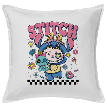 Labubu Stitch, Μαξιλάρι καναπέ ΛΕΥΚΟ 100% βαμβάκι, περιέχεται το γέμισμα (50x50cm)