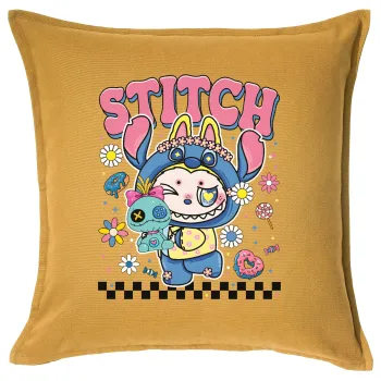 Labubu Stitch, Μαξιλάρι καναπέ Κίτρινο 100% βαμβάκι, περιέχεται το γέμισμα (50x50cm)