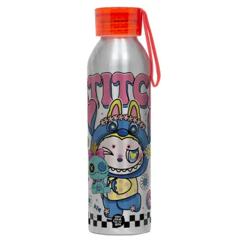 Labubu Stitch, Αλουμινένιο Αθλητικό Μπουκάλι 650ml – Ασημί με Κόκκινο Καπάκι και Λουράκι Σιλικόνης
