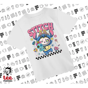 Labubu Stitch, Άνετο παιδικό T-Shirt ΛΕΥΚΟ από 100% βαμβάκι, για κάθε μέρα. Vegan & OEKO-TEX πιστοποιημένο.