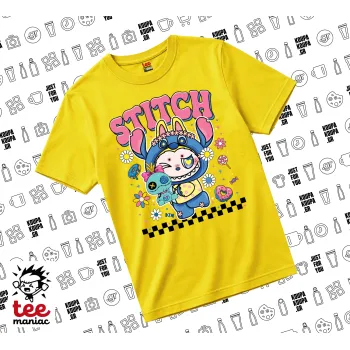 Labubu Stitch, yellow childrens T-Shirt made of 100% cotton, for every day. Vegan & OEKO-TEX certified.