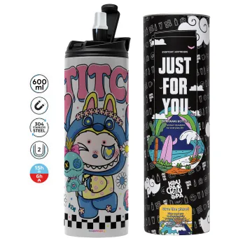 Labubu Stitch, Tumbler ποτήρι θερμό ΓΚΡΙ από ανοξείδωτο ατσάλι 600ml