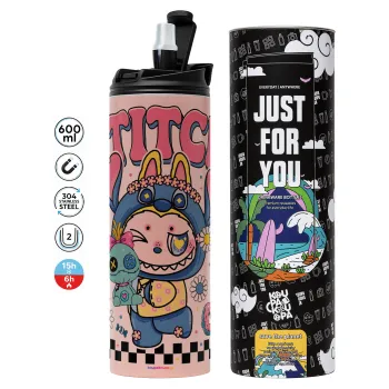 Labubu Stitch, Tumbler ποτήρι θερμό ΡΟΖ από ανοξείδωτο ατσάλι 600ml