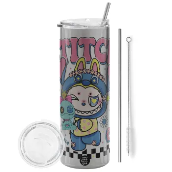 Labubu Stitch, Tumbler ποτήρι θερμό Ασημένιο από ανοξείδωτο ατσάλι 600ml, με μεταλλικό καλαμάκι & βούρτσα καθαρισμού