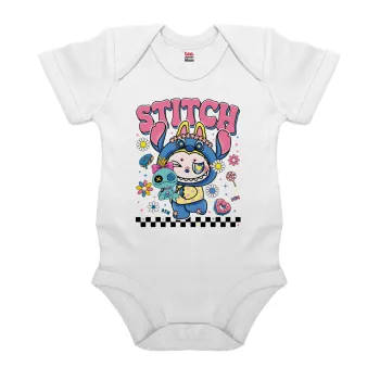 Labubu Stitch, Βρεφικό φορμάκι μωρού, 0-24 μηνών, ΛΕΥΚΟ, 100% Organic Cotton, κοντομάνικο