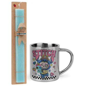 Labubu Stitch, Easter Set, metallic thermal cup (300ml) & aromatic flat Easter candle (30cm) (TURQUOISE)