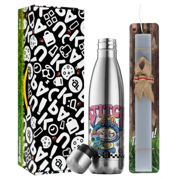 Labubu Stitch, Easter Set, metallic stainless thermos flask (500ml) & scented flat Easter candle (30cm) (GRAY)