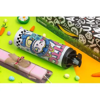 Labubu Stitch, Πασχαλινή Λαμπάδα με Travel Tumbler θερμό με διπλό καπάκι (600ml, BPA free) & κερί αρωματικό πλακέ (30cm) (ΡΟΖ)