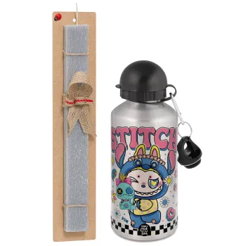 Labubu Stitch, Πασχαλινή Λαμπάδα με παγούρι μεταλλικό Ασημένιο αλουμινίου (500ml) & κερί αρωματικό πλακέ (30cm) (ΓΚΡΙ)