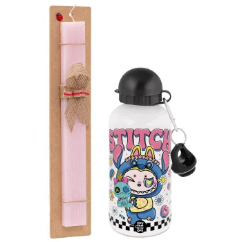 Labubu Stitch, Πασχαλινή Λαμπάδα με παγούρι μεταλλικό αλουμινίου (500ml) & κερί αρωματικό πλακέ (30cm) (ΡΟΖ)