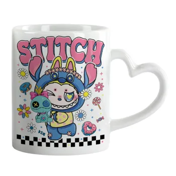 Labubu Stitch, Κούπα καρδιά χερούλι λευκή, κεραμική, 330ml