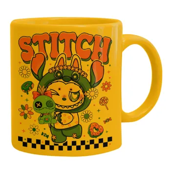 Labubu Stitch, Κούπα, κεραμική κίτρινη, 330ml
