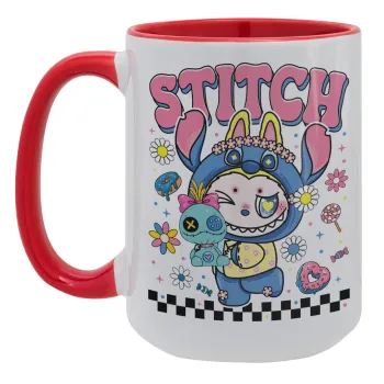 Labubu Stitch, Κούπα Mega 15oz, κεραμική Κόκκινη, 450ml