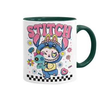 Labubu Stitch, Κούπα χρωματιστή πράσινη, κεραμική, 330ml