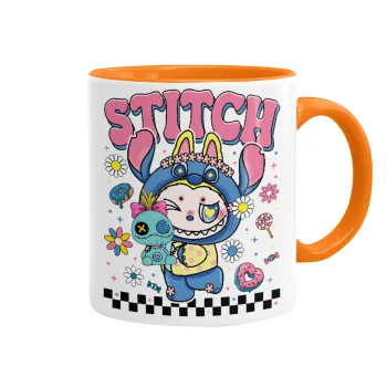Labubu Stitch, Κούπα χρωματιστή πορτοκαλί, κεραμική, 330ml
