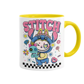 Labubu Stitch, Κούπα χρωματιστή κίτρινη, κεραμική, 330ml