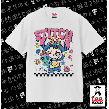 Labubu Stitch, Κλασικό T-Shirt, διπλής ραφής, χωρίς πλευρικές ραφές ΛΕΥΚΟ από 100% βαμβάκι. Vegan & OEKO-TEX πιστοποιημένο.