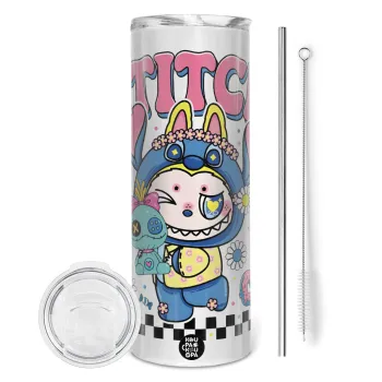 Labubu Stitch, Tumbler ποτήρι θερμό από ανοξείδωτο ατσάλι 600ml, με μεταλλικό καλαμάκι & βούρτσα καθαρισμού