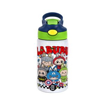 Labubu superheroes, Children's hot water bottle, stainless steel, with safety straw, green, blue (350ml)