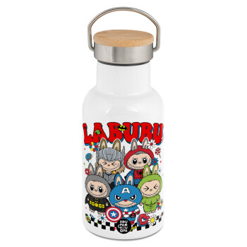 Labubu superheroes, Μεταλλικό παγούρι θερμός (Stainless steel) Λευκό με ξύλινο καπακι (bamboo), διπλού τοιχώματος, 350ml