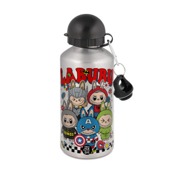 Labubu superheroes, Μεταλλικό παγούρι νερού, Ασημένιο, αλουμινίου 500ml