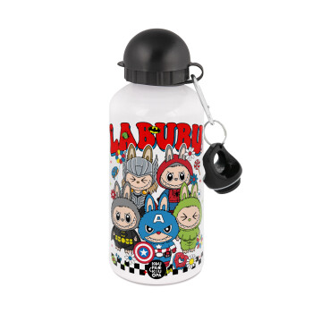 Labubu superheroes, Μεταλλικό παγούρι νερού, Λευκό, αλουμινίου 500ml