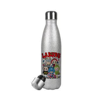 Labubu superheroes, Metallic Glitter Silver Thermos Flask (Stainless steel), double-walled, 500ml