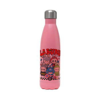 Labubu superheroes, Metal mug thermos Pink Mat (Stainless steel), double wall, 500ml