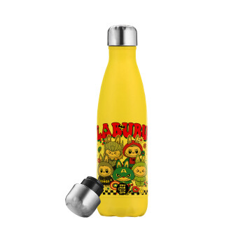 Labubu superheroes, Μεταλλικό παγούρι θερμός Κίτρινος (Stainless steel), διπλού τοιχώματος, 500ml