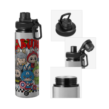 Labubu superheroes, Μεταλλικό παγούρι νερού με καπάκι ασφαλείας, αλουμινίου 850ml